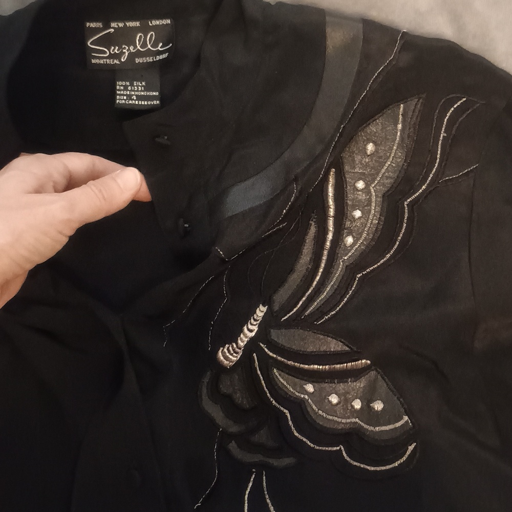 Vintage Black Silk Western Blouse - Sz 4 - Suzelle - 80s Embroidered Butterfly